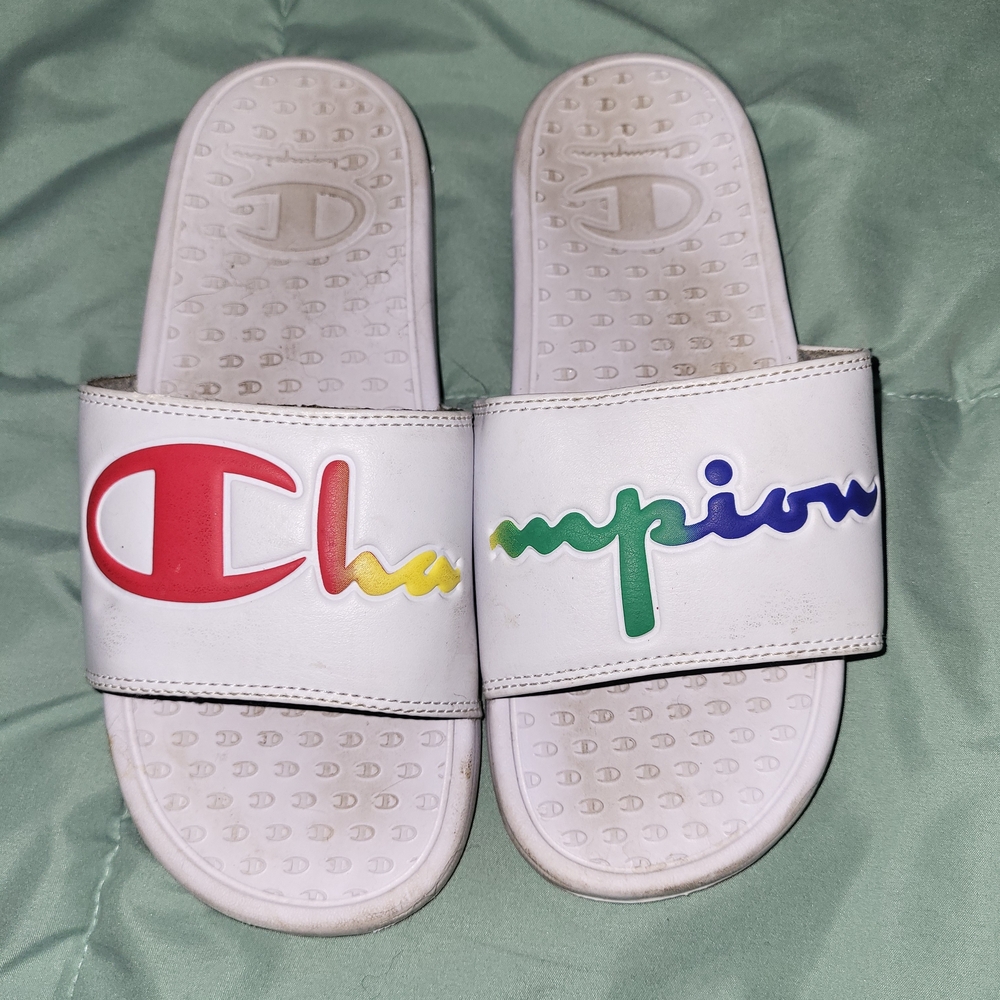 Champion Slide Sandals - White with Multicolor Logo